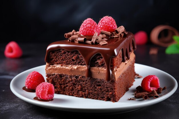 Pastel de chocolate con helado de chocolate con leche, ganache de chocolate negro y frambuesas en la parte superior