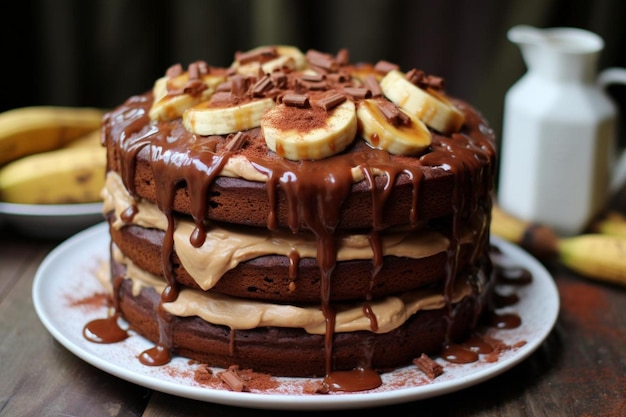 Pastel de chocolate con mantequilla de maní y plátano