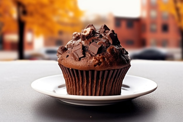 Un pastel de chocolate en medio de un paisaje de otoño