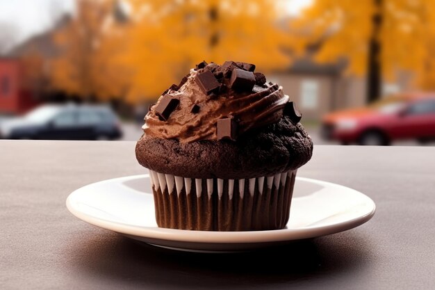 Un pastel de chocolate en medio de un paisaje de otoño