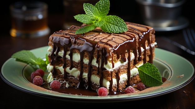 Pastel de chocolate con menta de cerca en la mesa