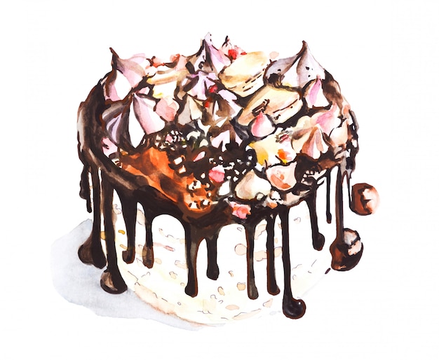 Pastel de chocolate con merengue y malvaviscos, dibujo de acuarela para diseño