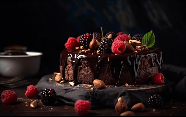 Un pastel de chocolate con moras y almendras encima