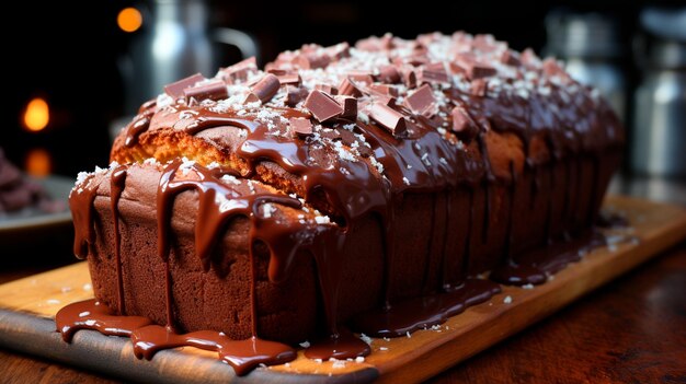 pastel de chocolate con nueces y chocolate en un plato negro