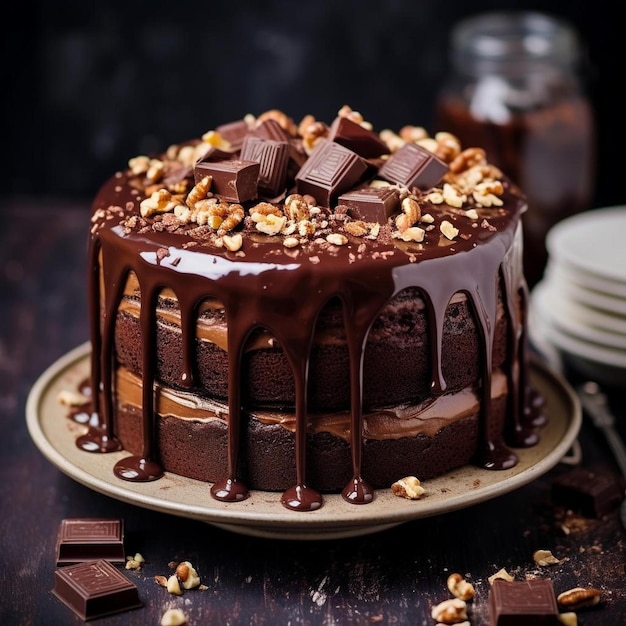 Un pastel de chocolate con nueces encima