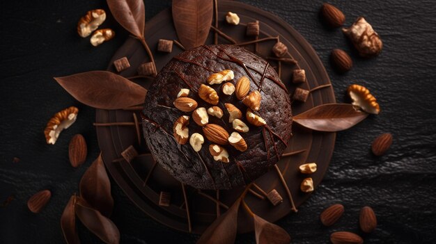 Foto pastel de chocolate con nueces en una mesa de madera