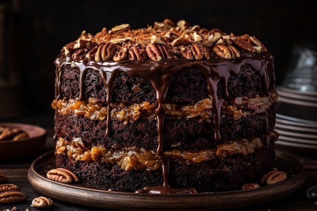 Un pastel de chocolate con nueces en la parte superior se asienta sobre una bandeja de madera