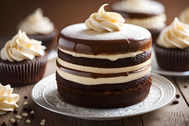 Un pastel de chocolate con un plato blanco y una magdalena de chocolate.