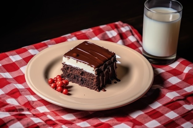 Pastel de chocolate plato blanco servilleta a cuadros Gotas de chocolate con leche