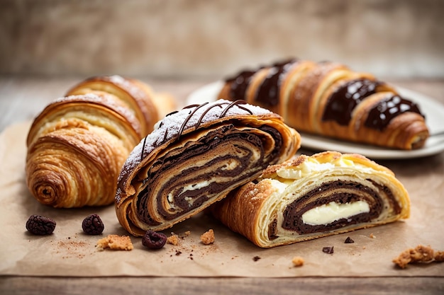 Pastel de chocolate puff croissant chocolate eclair y rollito de pasas dulces