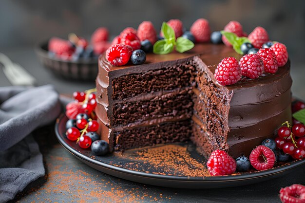 Foto un pastel de chocolate con una rebanada sacada de él