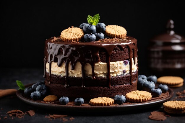 Pastel de chocolate con recubrimiento de chocolate líquido decorado con galletas y arándanos sobre un fondo negro ai generativo