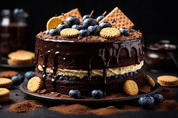 Pastel de chocolate con recubrimiento de chocolate líquido decorado con galletas y arándanos sobre un fondo negro ai generativo