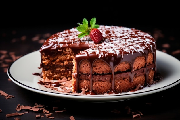 Pastel de chocolate redondo cubierto con un pastel con rayas y decorado con hojas de menta y fresa