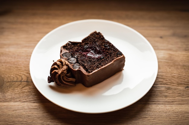 Un pastel de chocolate con relleno de cereza servido en un plato de imagen de luz natural de enfoque selectivo