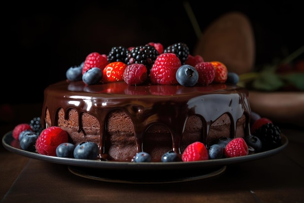 Pastel de chocolate con rica ganache de chocolate y bayas frescas en la parte superior creado con ai generativo