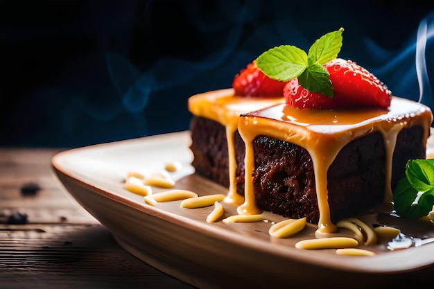 un pastel de chocolate con salsa de fresa y un pastel De chocolate en un plato