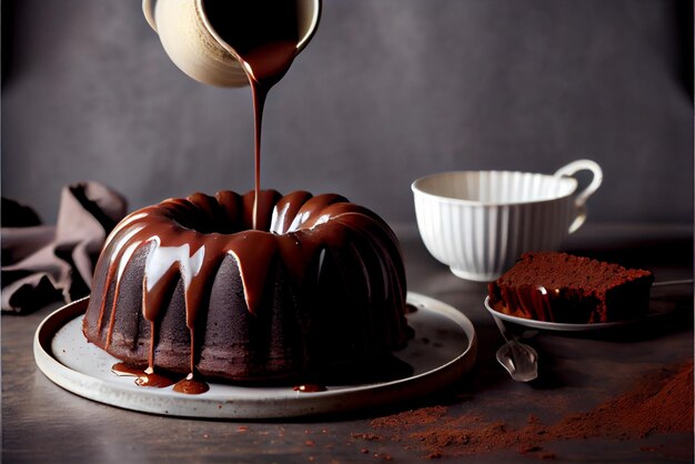 Pastel de chocolate sobre la mesa, con salsa de chocolate cayendo sobre el pastel, Generativo ai