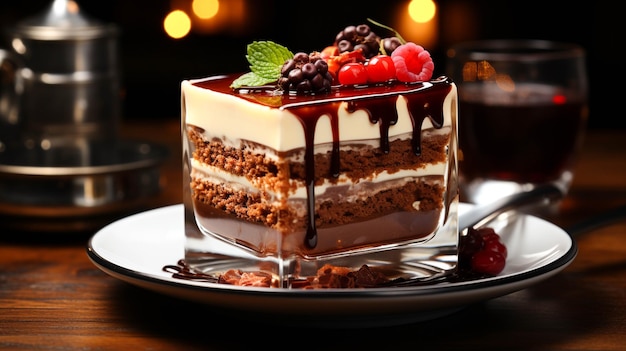 Pastel de chocolate con una taza de café en una mesa oscura