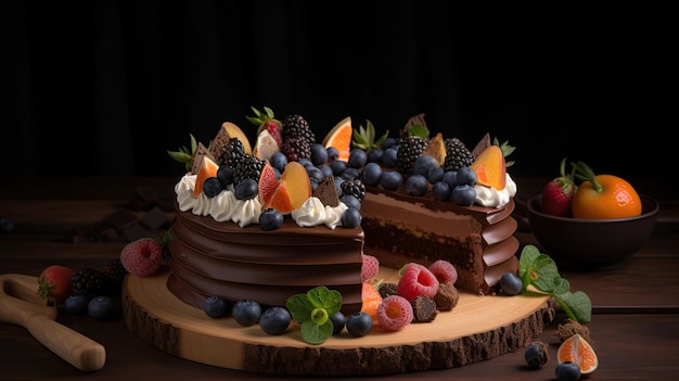 Un pastel de chocolate con varias frutas