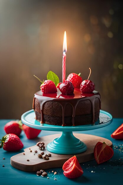 Un pastel de chocolate con una vela encima con una vela encima