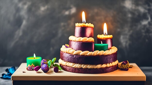 Un pastel de chocolate con velas en una mesa de madera