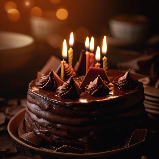 Un pastel de chocolate con velas con la palabra chocolate.