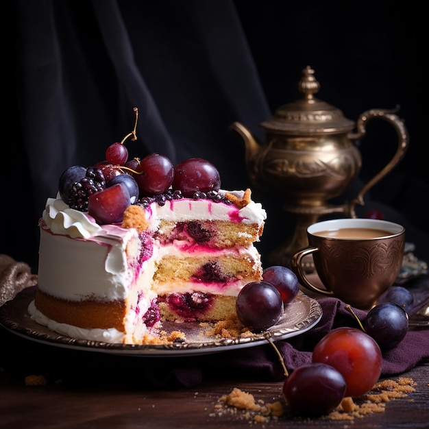 Pastel de ciruelas con café comida estilizada