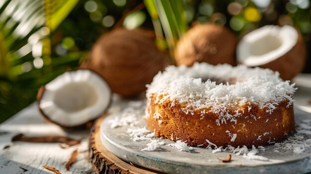 Pastel de coco capas húmedas con glaseado cremoso de sabor a coco y recubierto con coco triturado