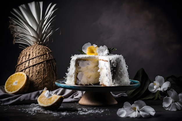 Un pastel de coco con coco y limón en un plato.