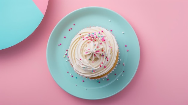 Foto pastel colocado en un plato contra un fondo minimalista aislado en tonos de tosca y rosa