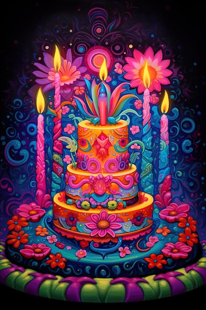 un pastel colorido con las palabras feliz cumpleaños en él