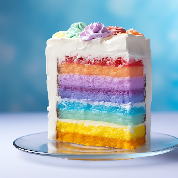 Pastel colorido y vibrante del arco iris con capas de bizcocho de diferentes colores del arco iris para cumpleaños
