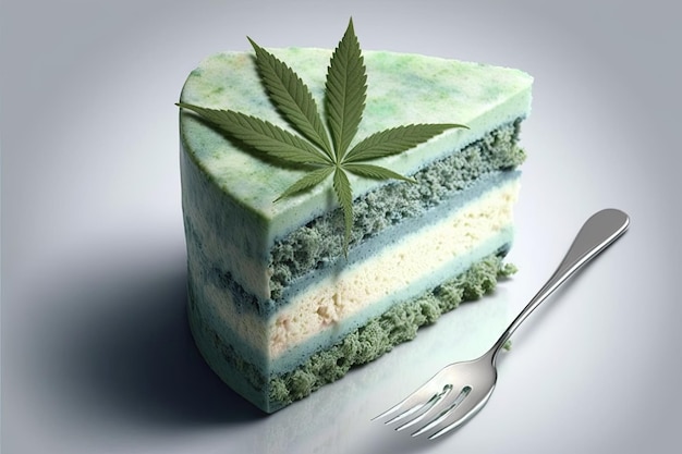 Pastel de comida de cannabis con hoja de hierba de marihuana Delicioso postre dulce Vista superior IA generativa