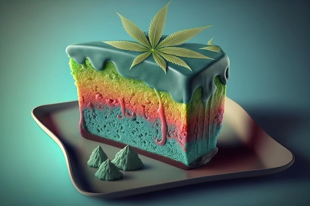 Pastel de comida de cannabis con hoja de hierba de marihuana Delicioso postre dulce Vista superior IA generativa