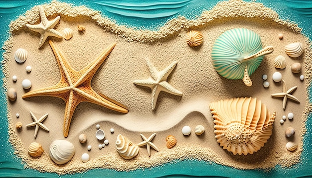 Un pastel con conchas y estrellas de mar