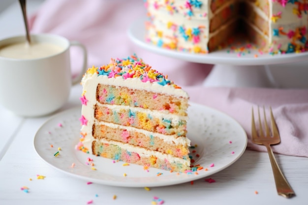 Pastel de confeti colorido en un plato blanco para un cumpleaños