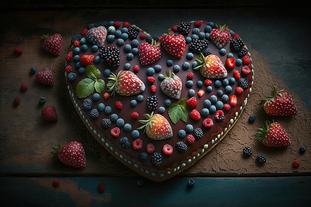 Pastel de corazón para el Día de San Valentín Día de la Madre o cumpleaños decorado en una mesa de madera IA generativa