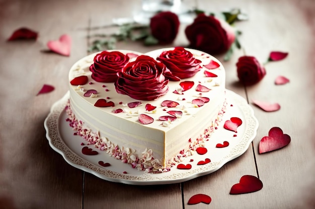 Pastel de corazón para el Día de San Valentín Día de la Madre o Cumpleaños decorado con rosas Día de San Valentín con amor Ilustración generativa de IA