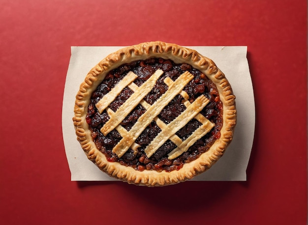 un pastel con un cranberry encima está en una mesa roja