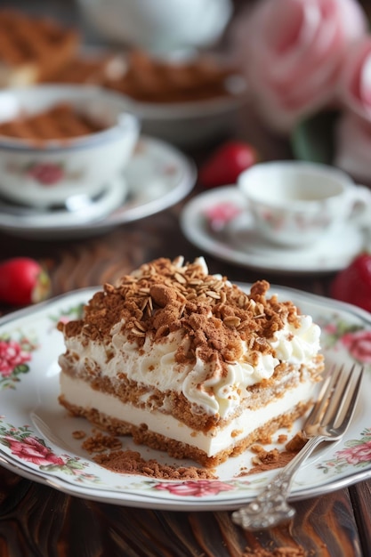 Pastel de crema de avena y pastel de tiramisu servido en el plato