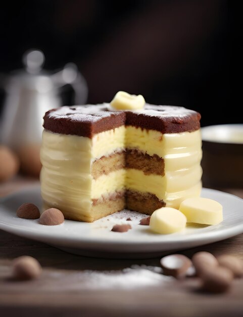 un pastel con crema y chocolate en un plato con nueces en él