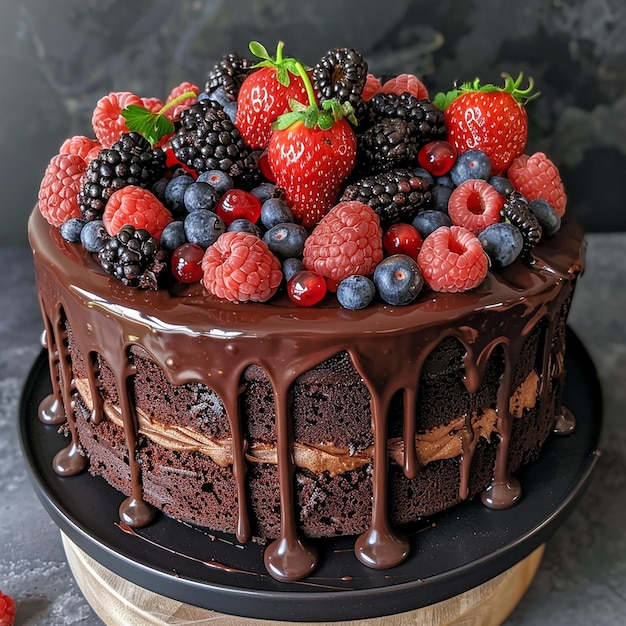 pastel con crema de frutas, chocolate y pastel de vainilla