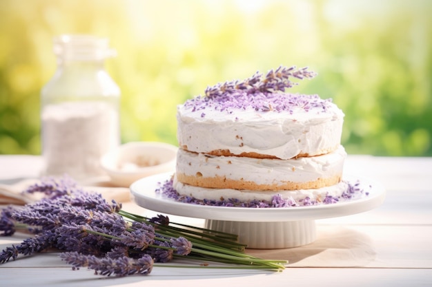 Pastel de crema de lavanda esponjosa con crema de bayas adornado con una rama de lavanda fresca en un fondo de luz soleada IA generativa