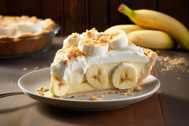 Un pastel de crema de plátano con una rebanada sacada