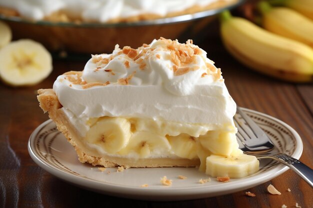 Un pastel de crema de plátano con una rebanada sacada