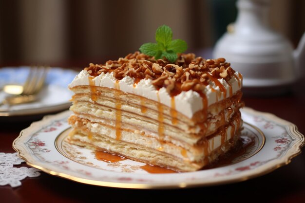 Pastel con crema de queso café y cobertura de chocolate sobre un soporte de pastel blanco