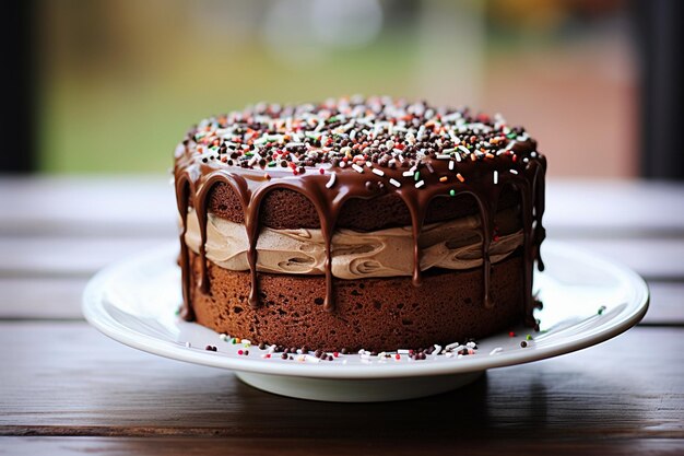 Pastel con crema de queso café y cobertura de chocolate sobre un soporte de pastel blanco