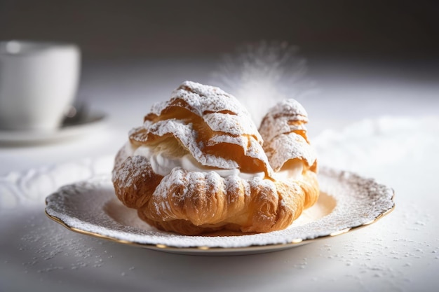 Un pastel con crema y una taza de café en un plato.