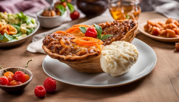 un pastel con un croissant y un plato de puré de patatas